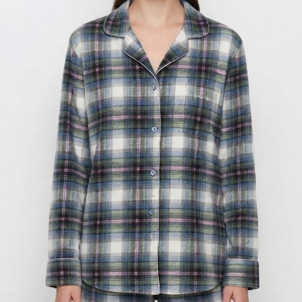 Skims Fleece Sleep Shirt Plaid Blue Gray White Large Button Up Pajama Top Large